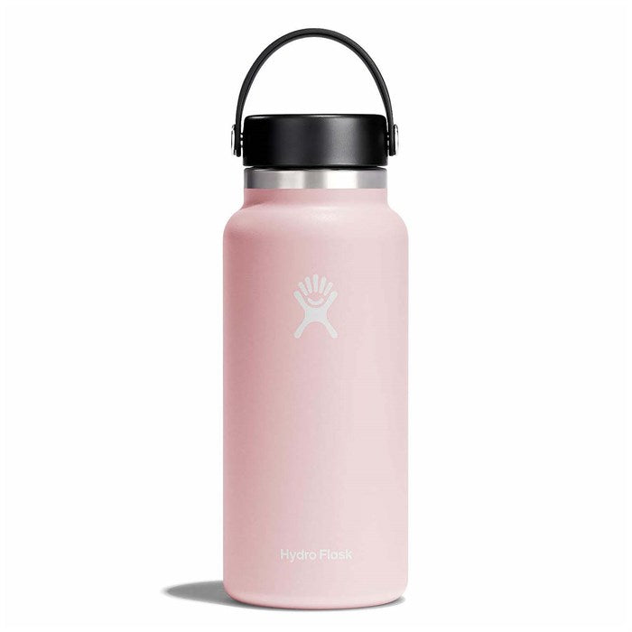 Hydro Flask 32oz Wide Mouth Water Bottle - A light-colored water bottle with a wide mouth and a black lid, featuring a logo on its side.