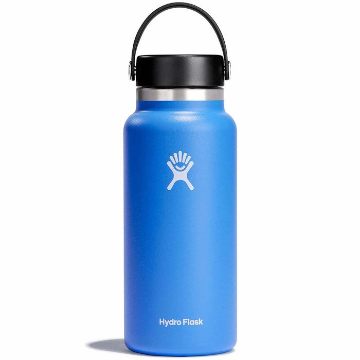 Hydro Flask - A wide-mouth water bottle with a screw-on lid, featuring a stainless steel body and a clear plastic cap.