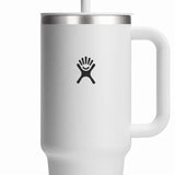 Hydro Flask - A large, white travel tumbler with a lid and straw.