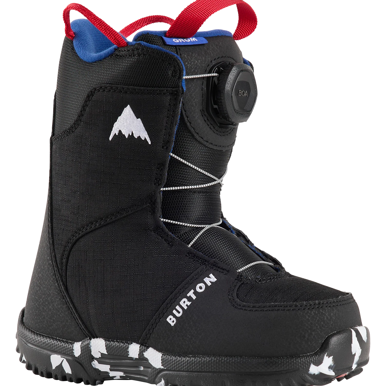 Burton kids BOA snowboard boots, black with blue lining and red lace loops