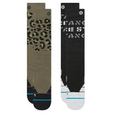 Stance Barracks Snow Sock 2-Pack 2023 - A pair of snow socks in a camouflage pattern with green, brown, and black colors.