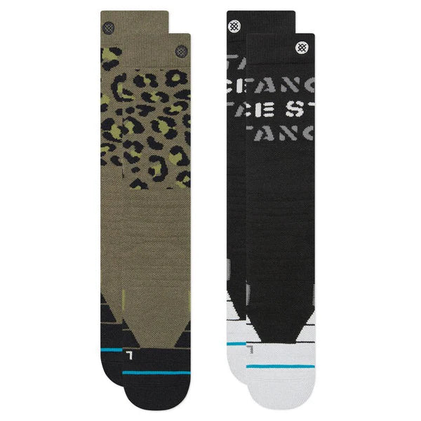 Stance Barracks Snow Sock 2-Pack 2023 - A pair of snow socks in a camouflage pattern with green, brown, and black colors.