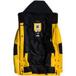 DC Women's Sovereign Insulated Jacket 2021 - A black and yellow jacket with a hood, featuring a white logo on the upper back.