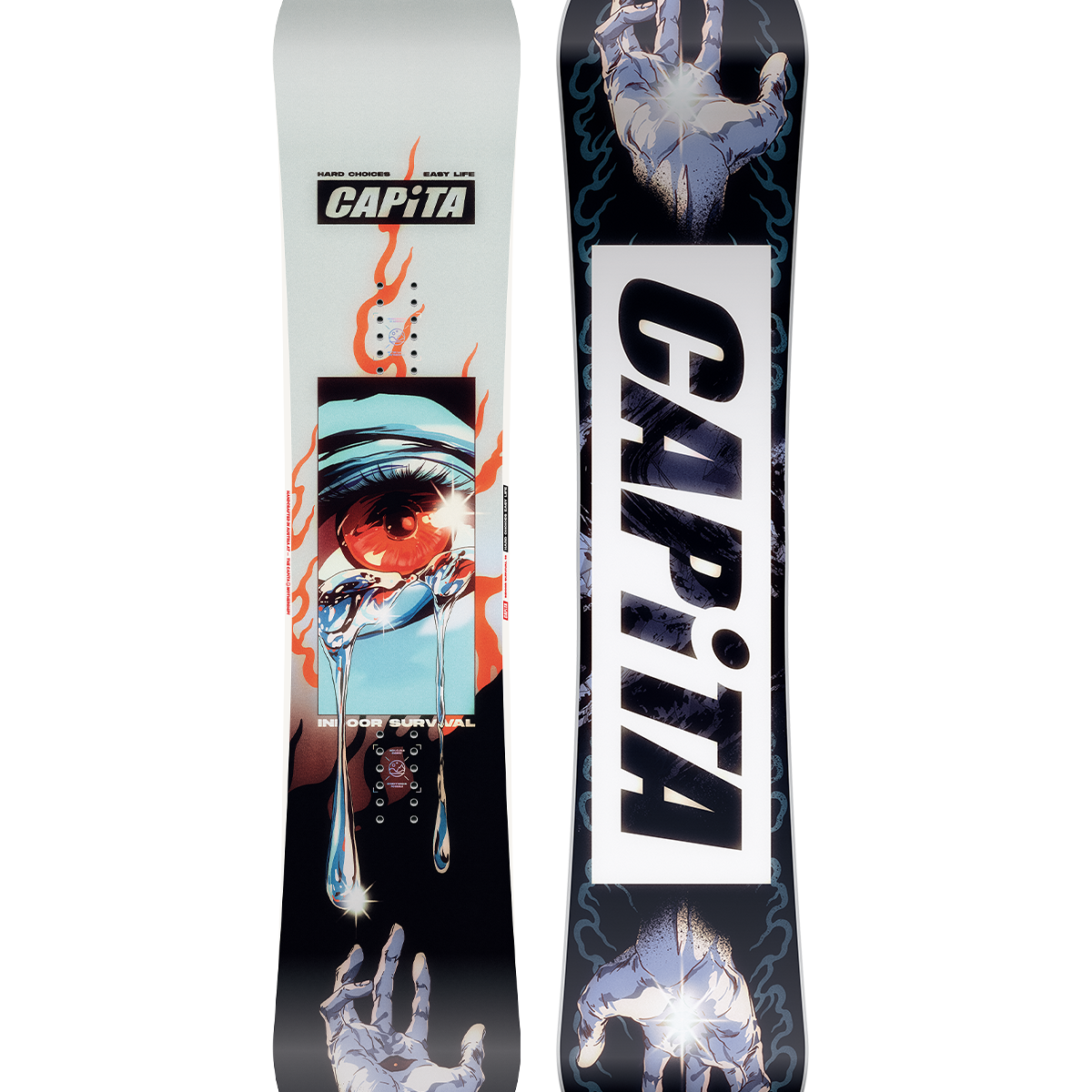 CAPiTA Indoor Survival Snowboard 2026 - A snowboard with a blue and red design, featuring an eye wearing sunglasses in the center.