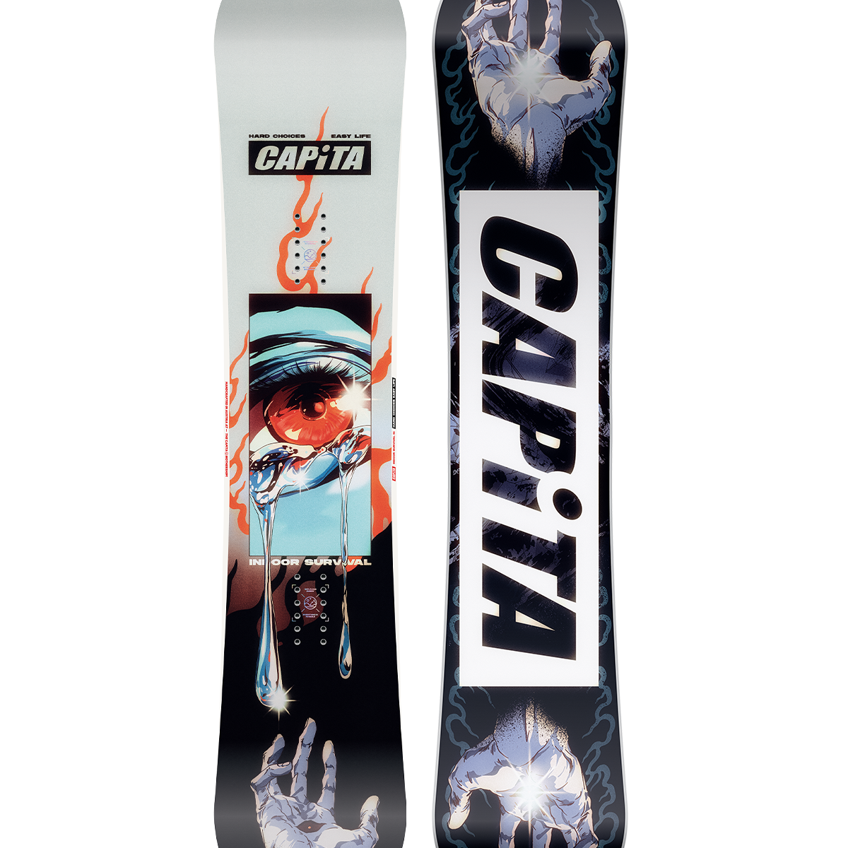 CAPiTA Indoor Survival Snowboard 2026 - A snowboard with a light blue background and an eye graphic in the center, featuring red flames around it.