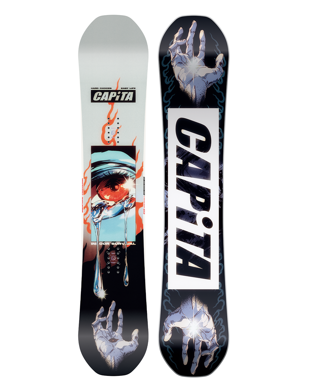 CAPiTA Indoor Survival Snowboard 2026 - A snowboard with a light blue graphic of an eye and hand on a black background.