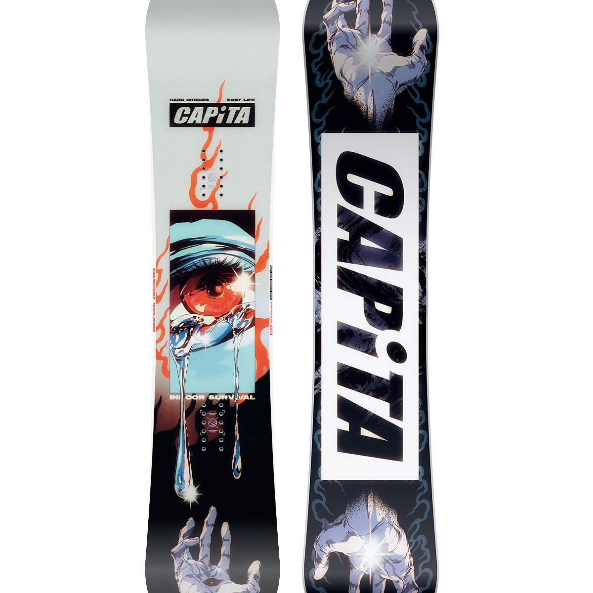 CAPiTA Indoor Survival Snowboard 2026 - A light blue snowboard with a large red eye graphic and white text that says "Indoor Survival".