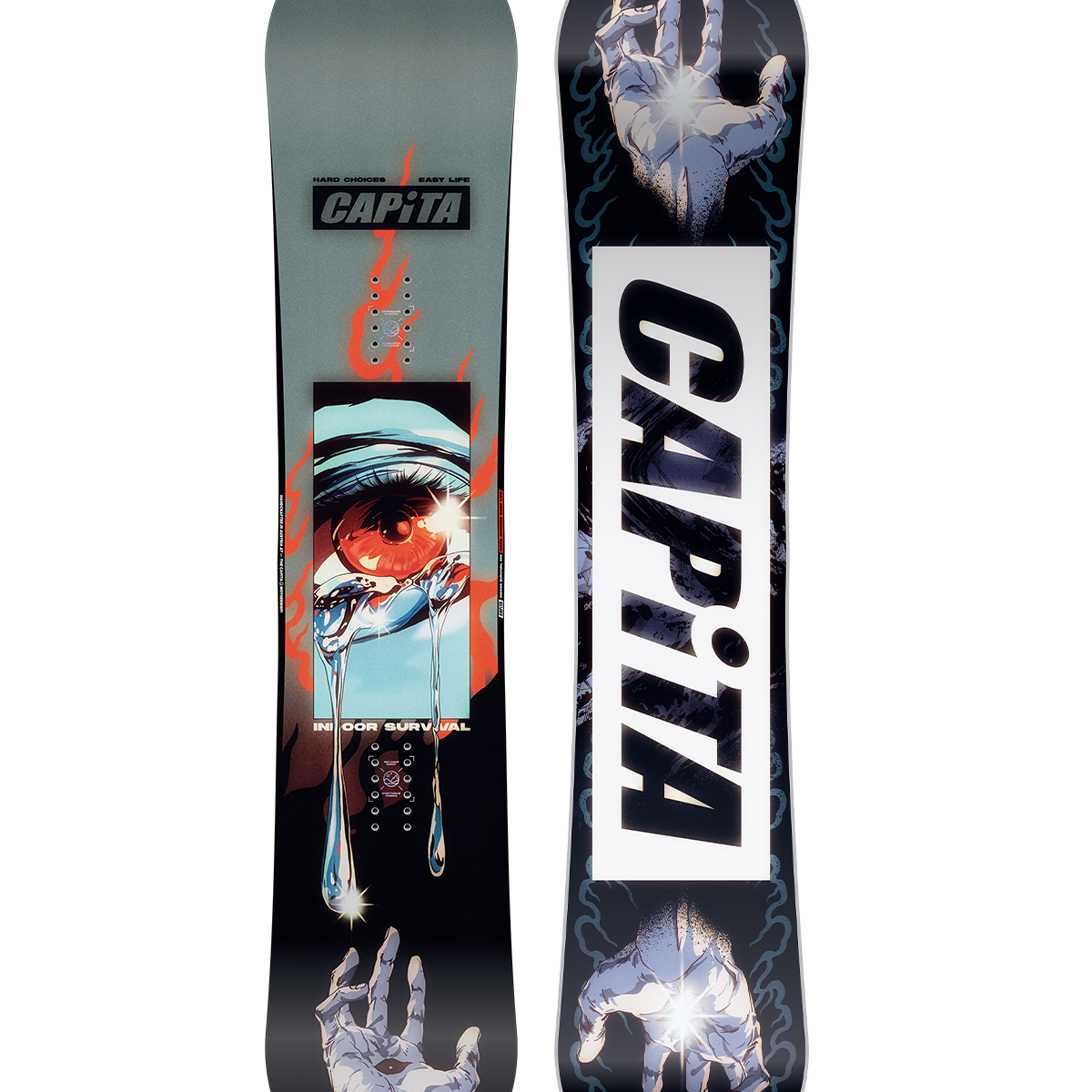 CAPiTA Indoor Survival Snowboard 2026 - A light blue snowboard with a large orange eye graphic and red flames in the background.