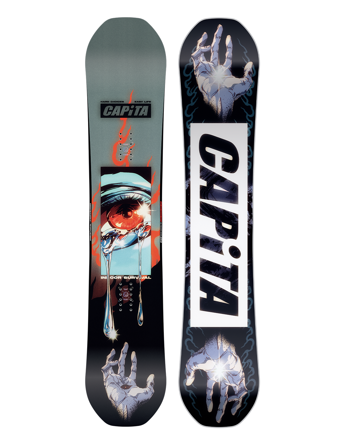 CAPiTA Indoor Survival Snowboard 2026 - A light blue snowboard with a large orange eye graphic and red flames in the background.