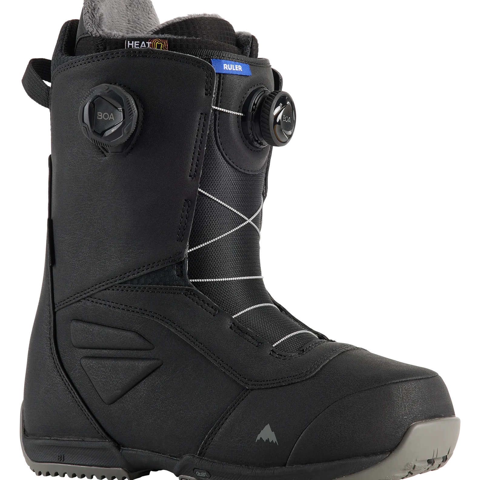 Black snowboard boots with BOA dial closure and padded ankle support