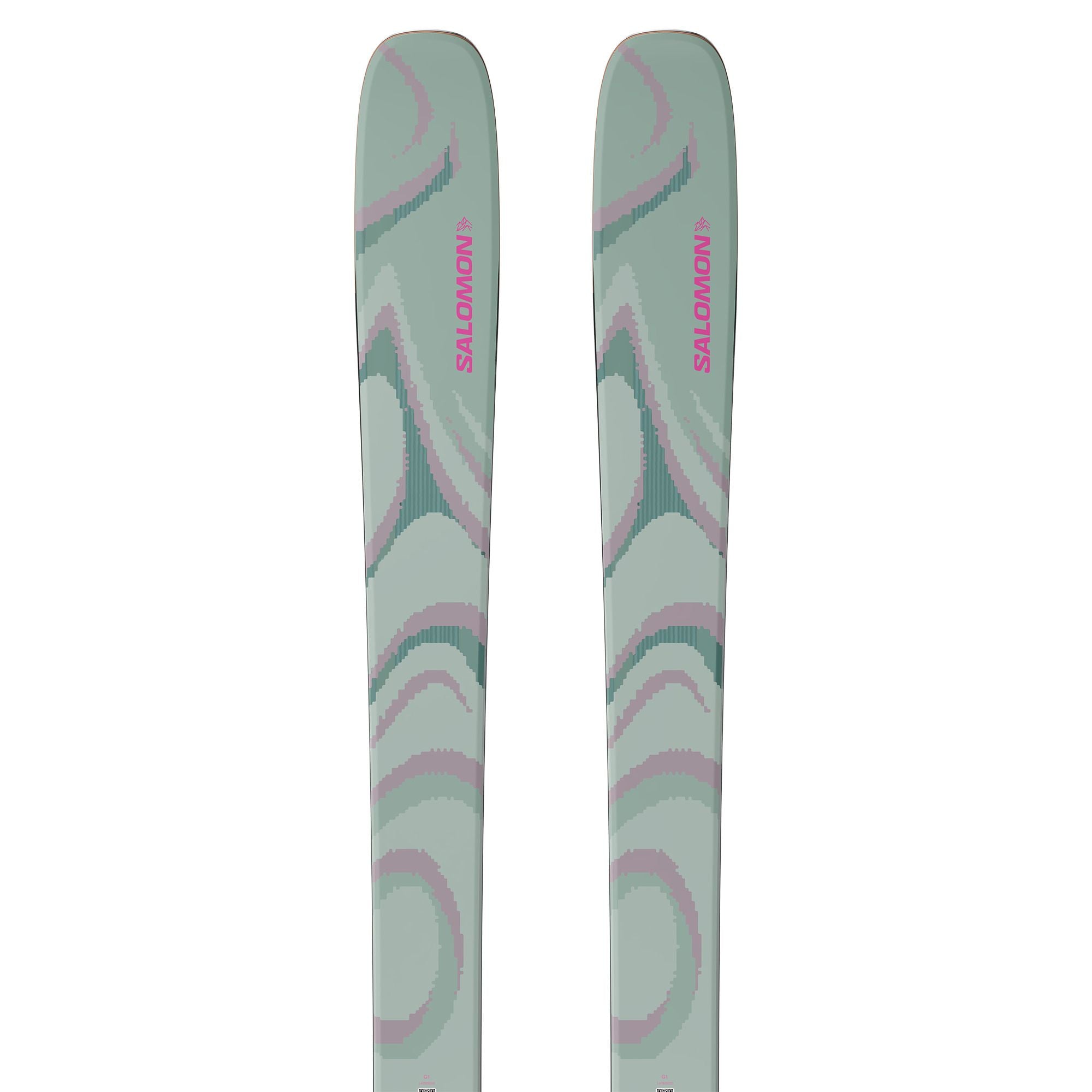 Salomon QST 100 Skis 2026 - A pair of skis with a light green base color and darker green marbled swirls.