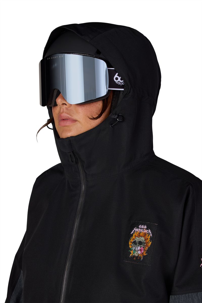 Women's insulated jacket with black hood, full-zip, small Metallica patch on chest