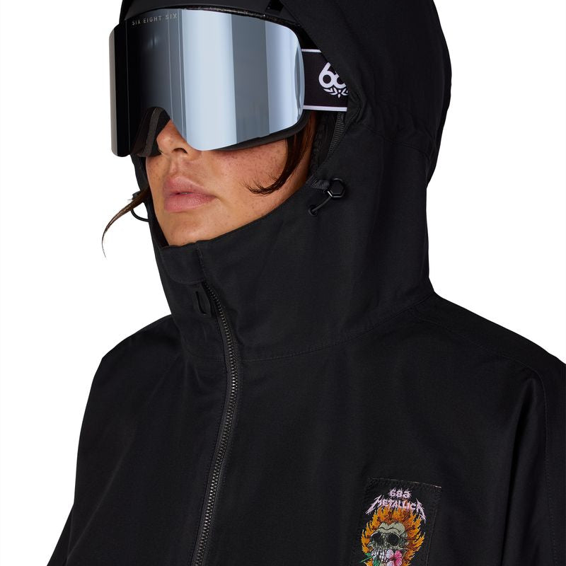 Women's insulated jacket with black hood, full-zip, small Metallica patch on chest