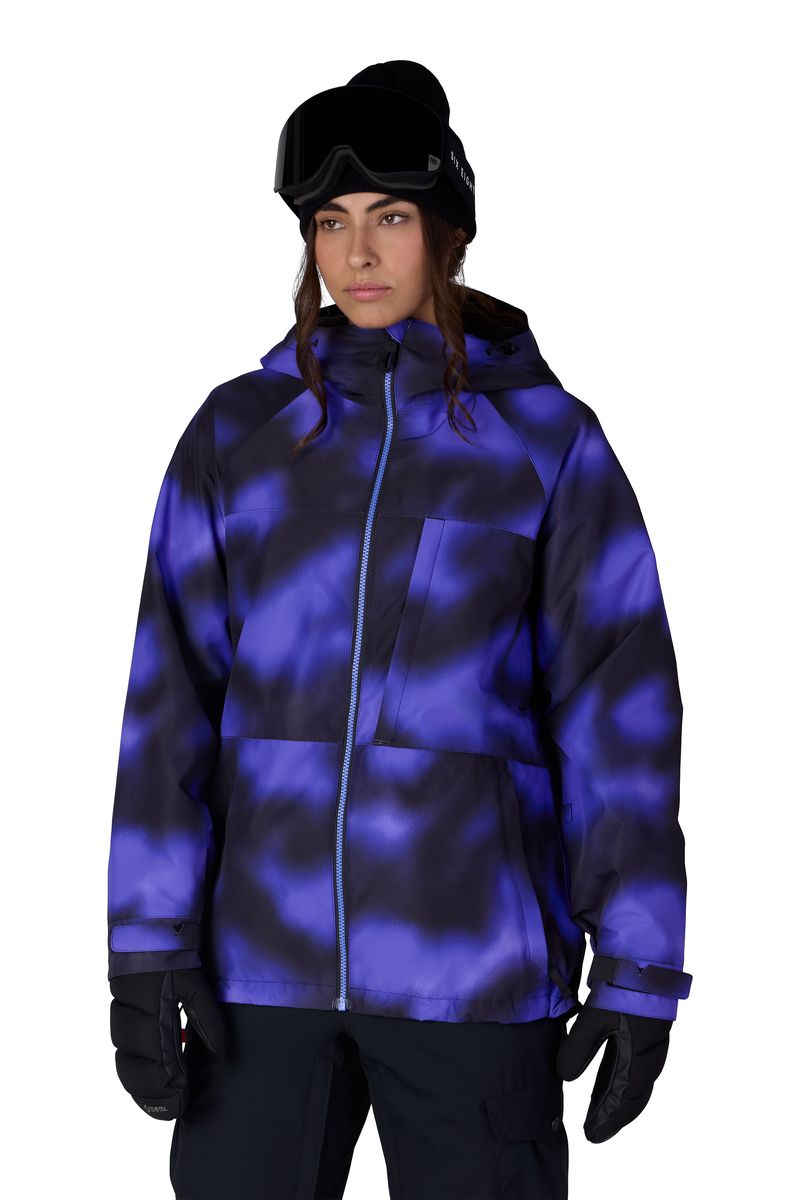 Women's insulated ski jacket, purple-blue cloud pattern, full-zip hood with gloves