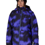 Women's insulated ski jacket, purple-blue cloud pattern, full-zip hood with gloves