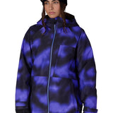Women's insulated ski jacket, purple-blue cloud pattern, full-zip hood with gloves