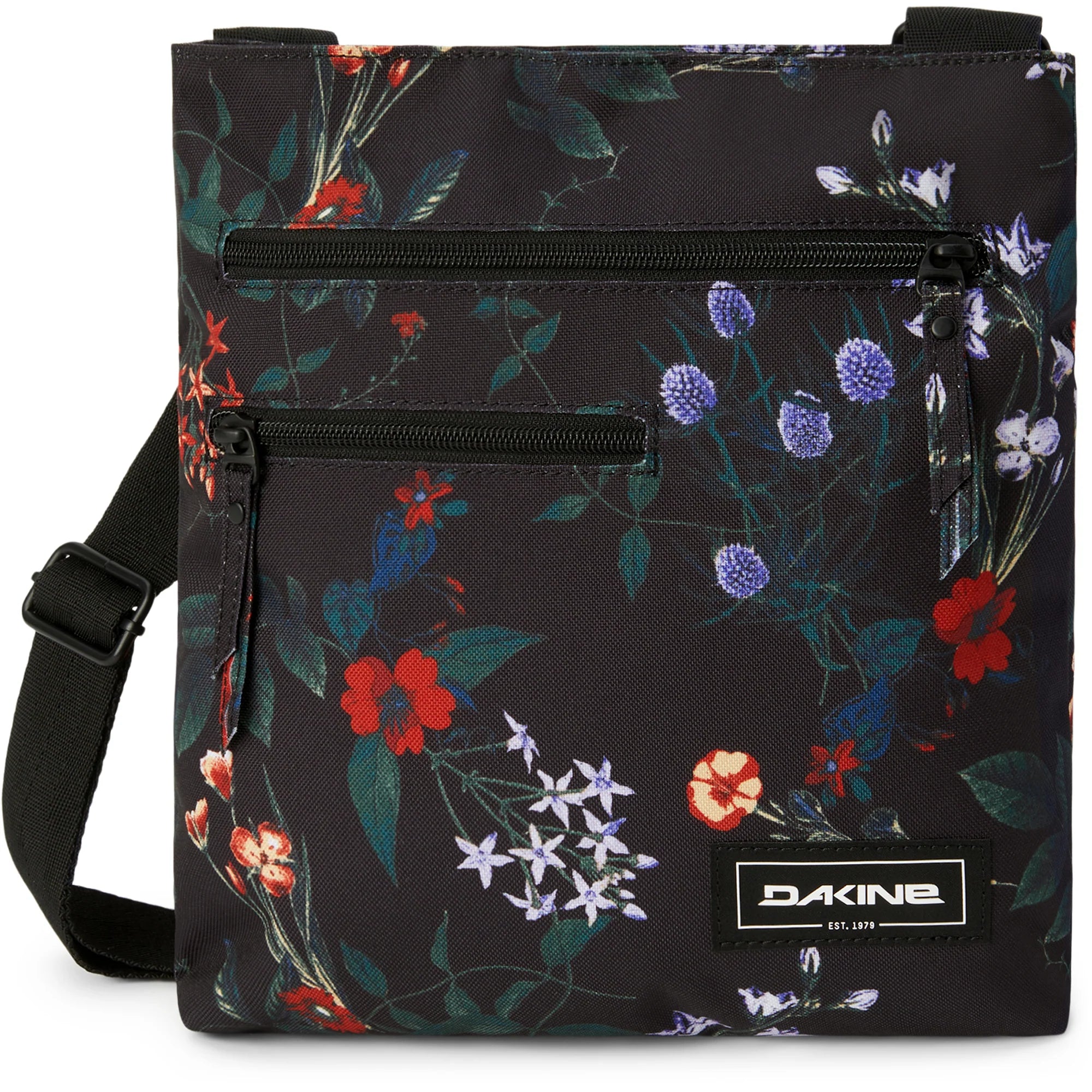 Dakine Jo Jo Crossbody Bag 2025 - A black crossbody bag with a floral pattern of red, white, and purple flowers.