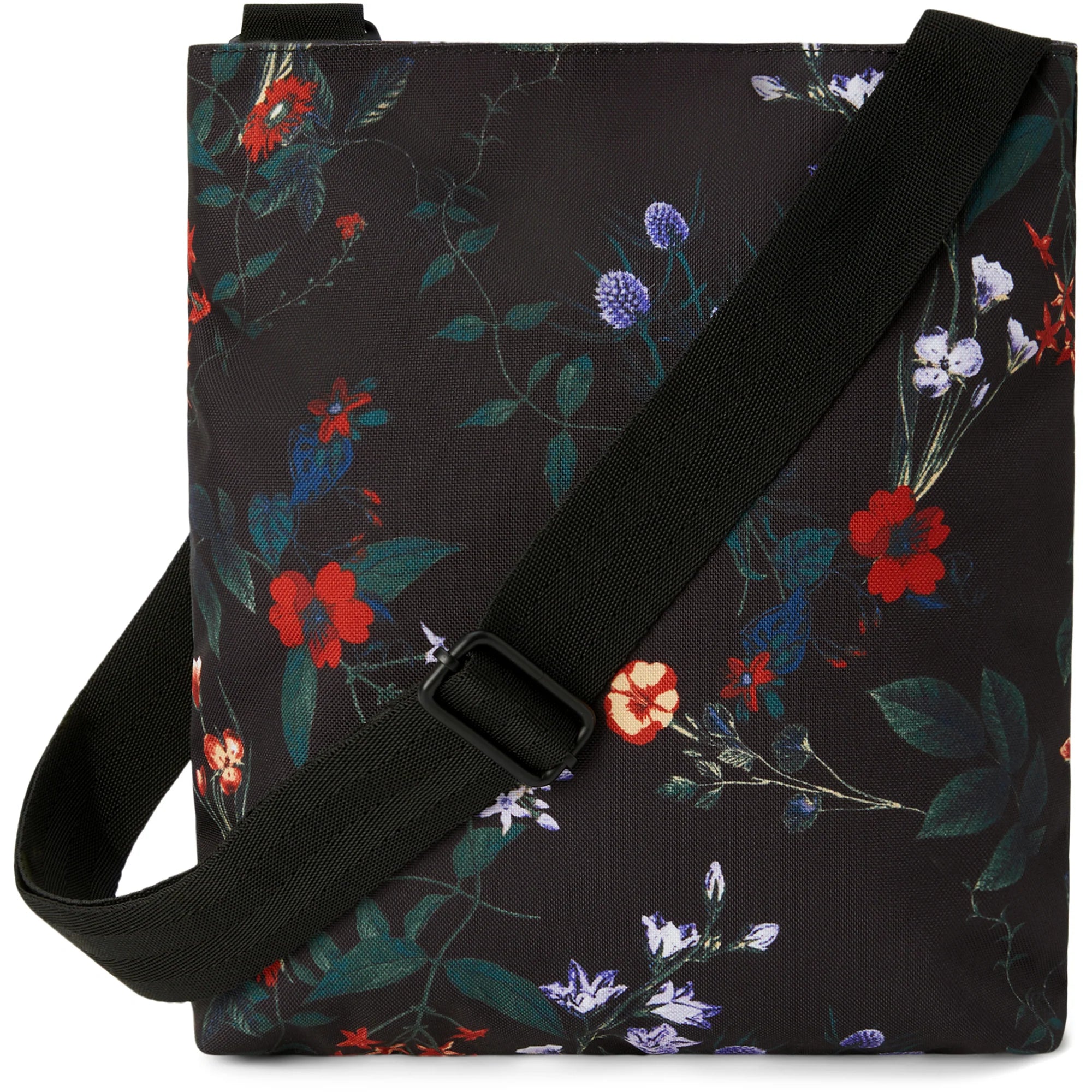 Dakine Jo Jo Crossbody Bag 2025 - A black crossbody bag with a floral pattern of red, white, and purple flowers.