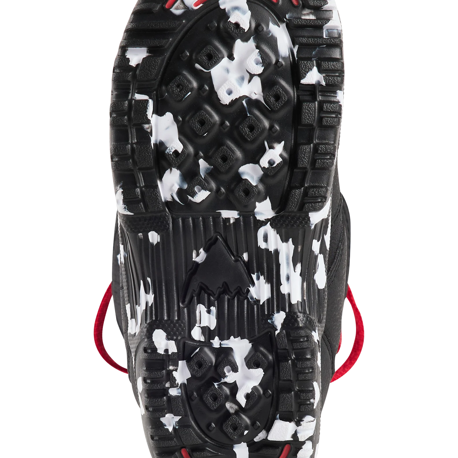 Kids BOA snowboard boot sole, black traction with white pattern and red pull loops