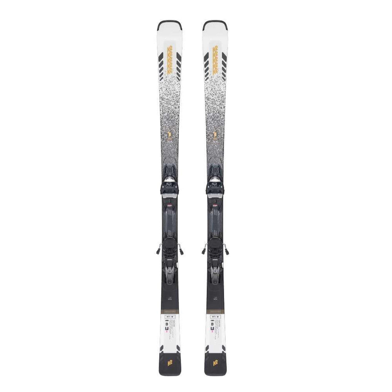 K2 Women's Disruption MTI skis, 2023 model, feature a black and yellow graphic design with QC 11 bindings.