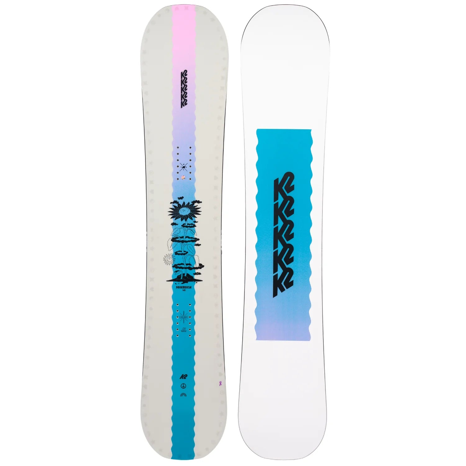 K2 Dreamsicle snowboard, 2023 model, features a vibrant purple and blue graphic design.