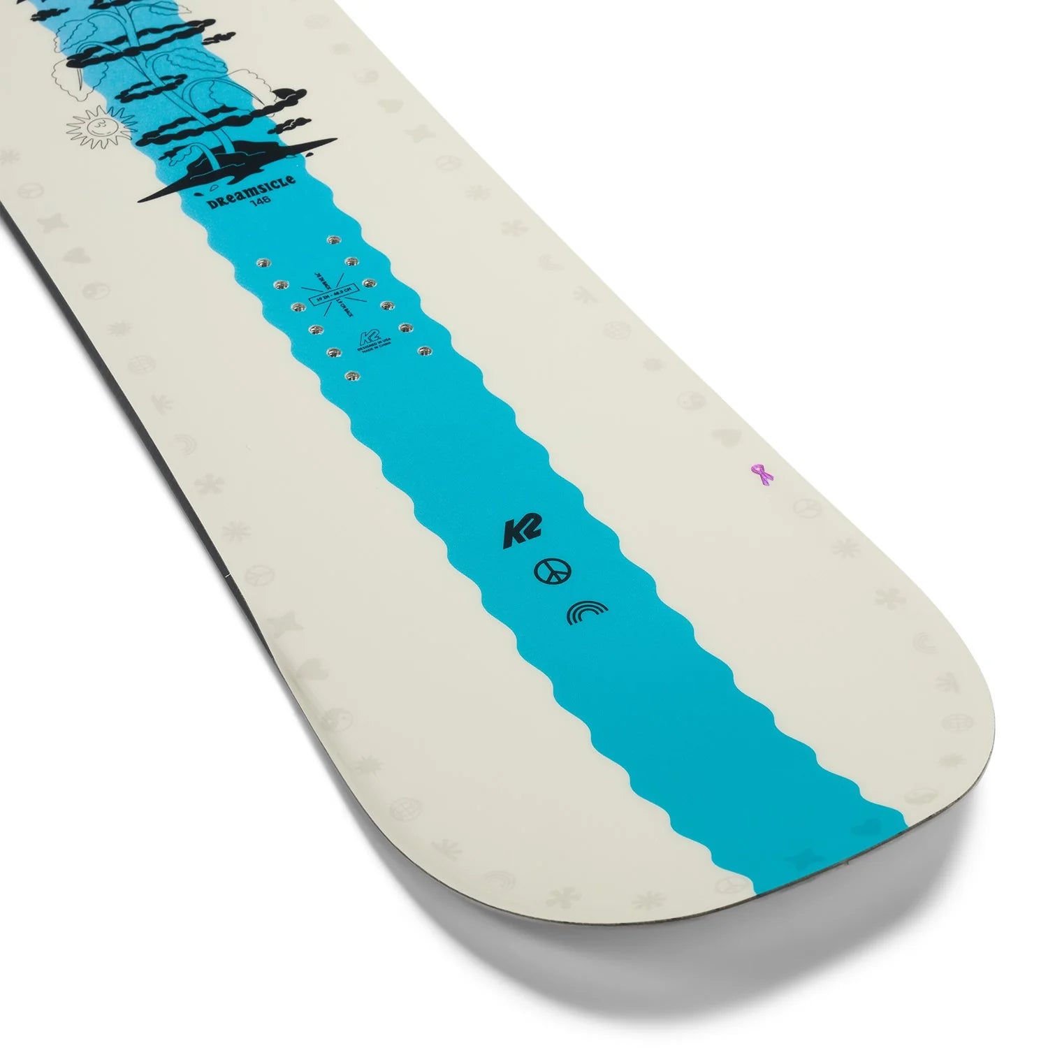 K2 Dreamsicle snowboard features a vibrant blue and white graphic design.