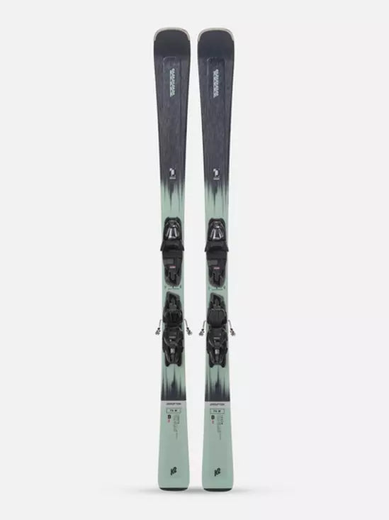 K2 Women's Disruption 75 skis feature a green and black design with M3 10 bindings.