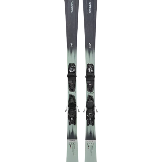 K2 Disruption 75 skis feature a green and white design with QC Free bindings.