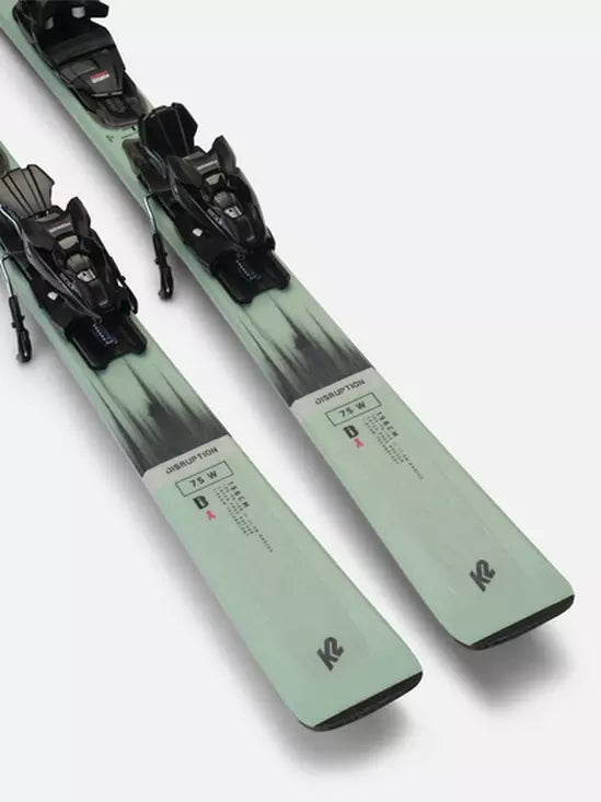 K2 Disruption 75 skis, 2024 model, feature a green color scheme and M3 10 bindings.