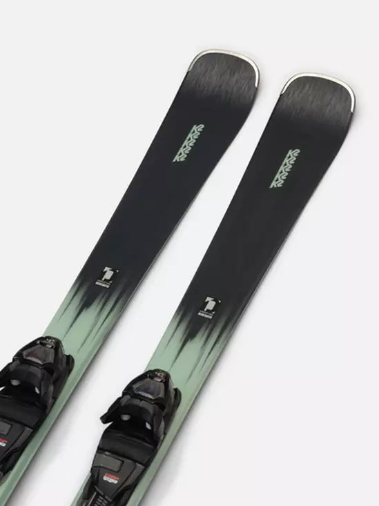 K2 Disruption 75 skis feature a green and black design with M3 10 bindings.