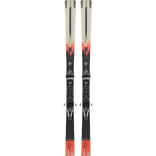 K2 Disruption MTI skis feature a black and white design with red accents and MXC 12 bindings.
