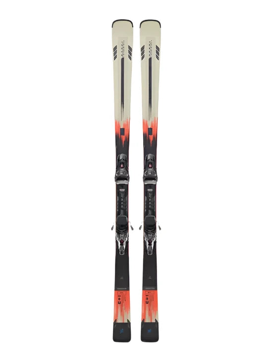 K2 Disruption MTI skis feature a black and white design with red accents and MXC 12 bindings.