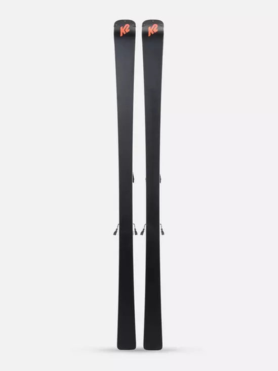 K2 Disruption MTI skis with MXC 12 bindings feature a black design and vibrant red accents.