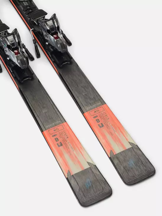 K2 Disruption MTI Skis 2024 feature a distinctive red and white graphic design with MXC 12 bindings.