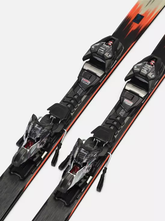 K2 Disruption MTI Skis 2024 feature a black and red design with MXC 12 bindings.