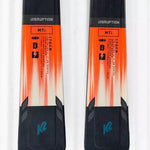 K2 Disruption MTI skis feature a red and black graphic design with MXC 12 bindings.