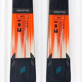 K2 Disruption MTI skis feature a red and black graphic design with MXC 12 bindings.
