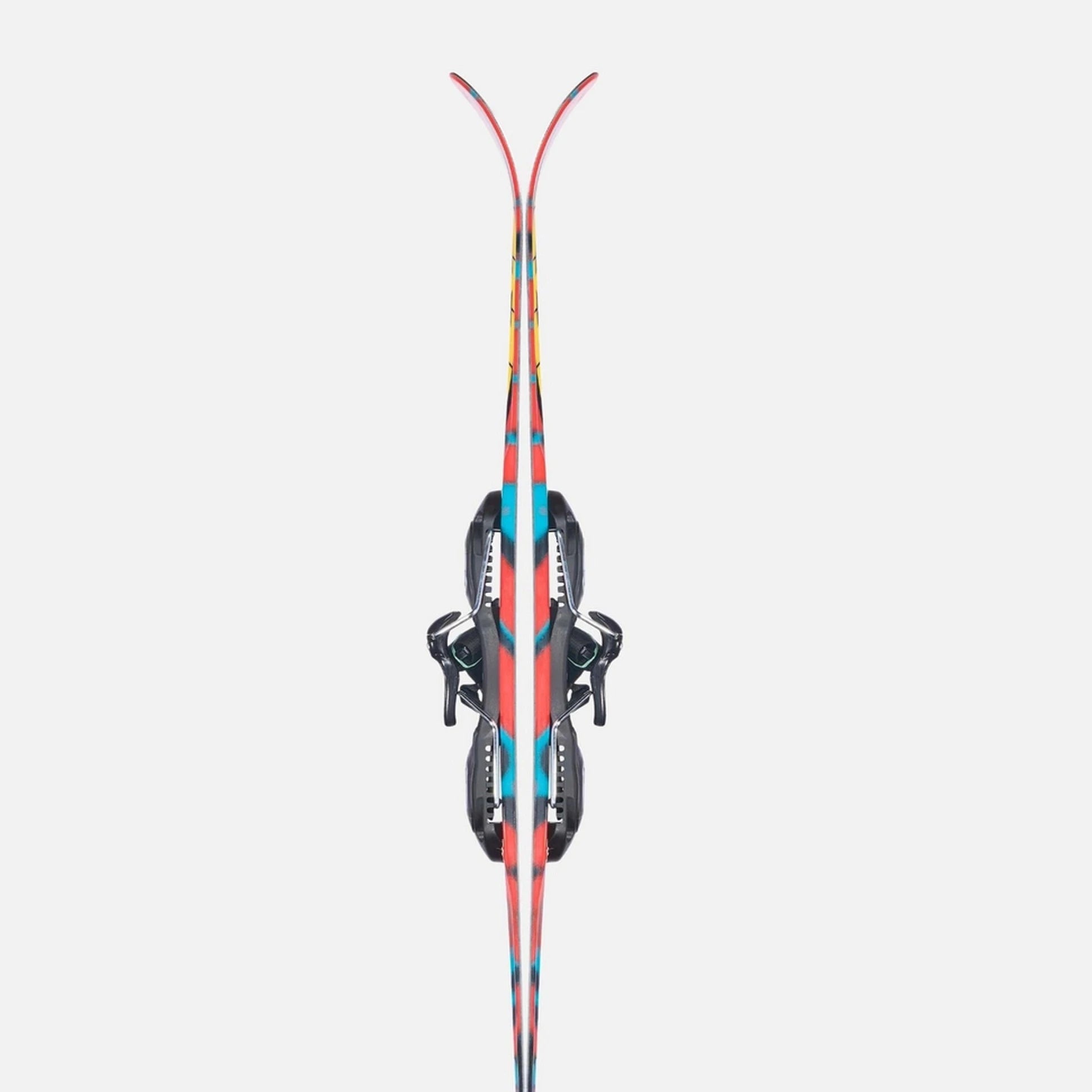 K2 Fatty 85 System skis feature a vibrant blue and orange graphic design.