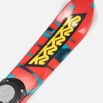 K2 Fatty 85 System ski features a vibrant red and blue marbled design.