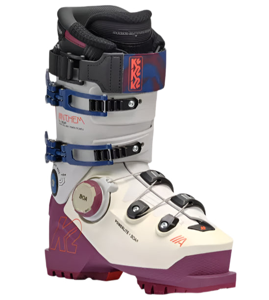 K2 Anthem 115 BOA women’s ski boots feature a white and burgundy color scheme with visible BOA adjustment dials.