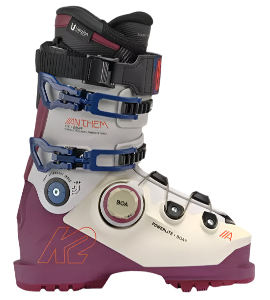 K2 Anthem 115 BOA women's ski boots feature a white and purple design with visible BOA adjustment.