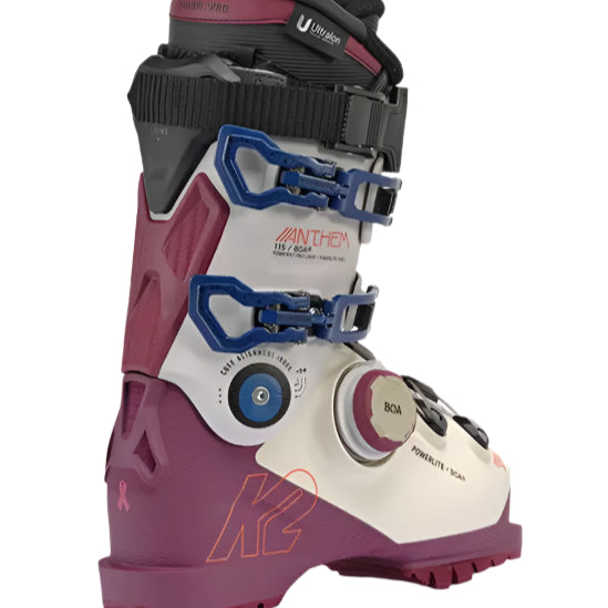 K2 Anthem 115 BOA ski boots feature a purple and white design.