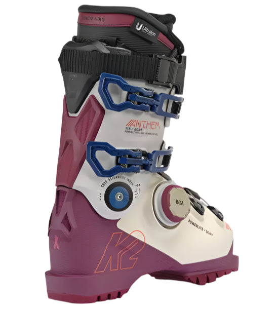 K2 Anthem 115 BOA ski boots feature a purple and white design.