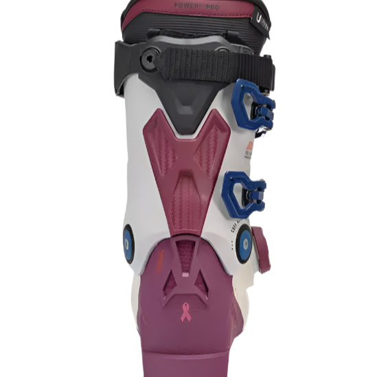 K2 Anthem 115 BOA women’s ski boots feature a white and purple design with pink ribbon detailing.