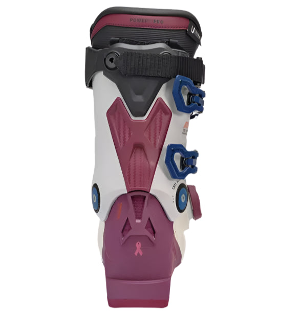 K2 Anthem 115 BOA women’s ski boots feature a white and purple design with pink ribbon detailing.