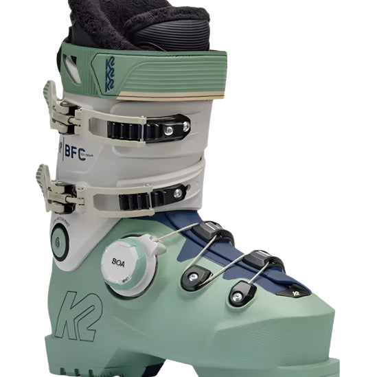 K2 Women's BFC 105 BOA ski boots feature a green colorway and distinctive design.