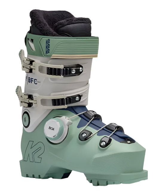 K2 Women's BFC 105 BOA ski boots feature a green colorway and distinctive design.