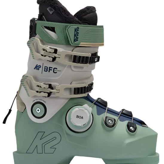 K2 Women's BFC 105 BOA ski boots feature a green and white color scheme with visible BOA dial.