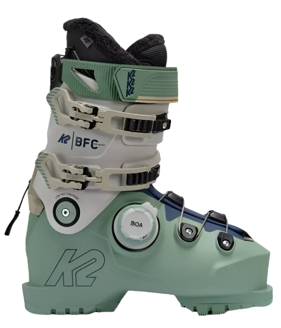 K2 Women's BFC 105 BOA ski boots feature a green and white color scheme with visible BOA dial.