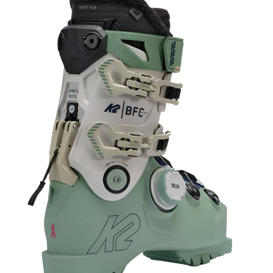 K2 Women's BFC 105 BOA ski boots feature a mint green color and distinctive red accents.